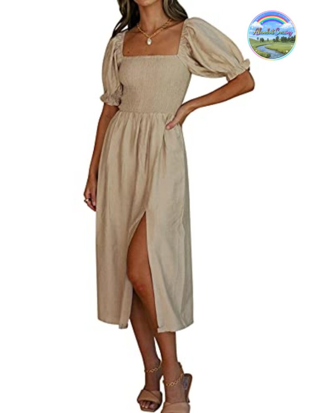 Cotton Off-Shoulder Midi Dress Smocked Boho A-Line Slit Summer Casual